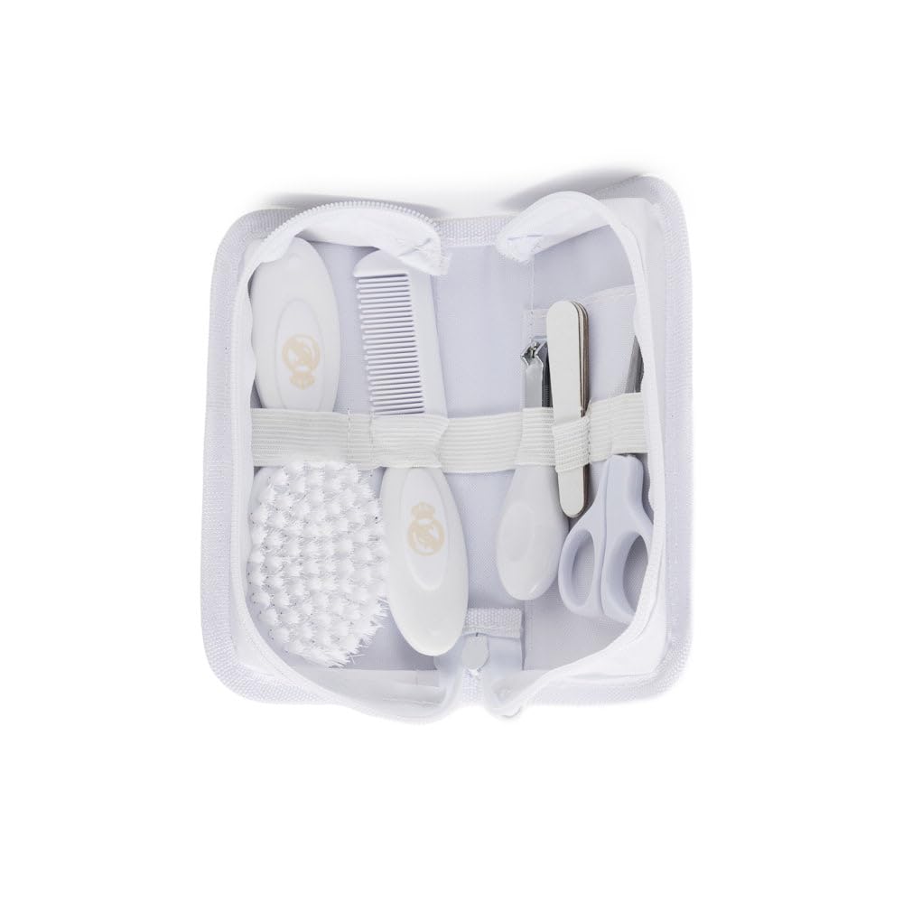 Miniland - Kit de toilette pour bébé du Real Madrid - Trousse avec peigne, brosse douce, ciseaux, coupe-ongles et limes - Design compact et officiel du club - Dès 0 mois