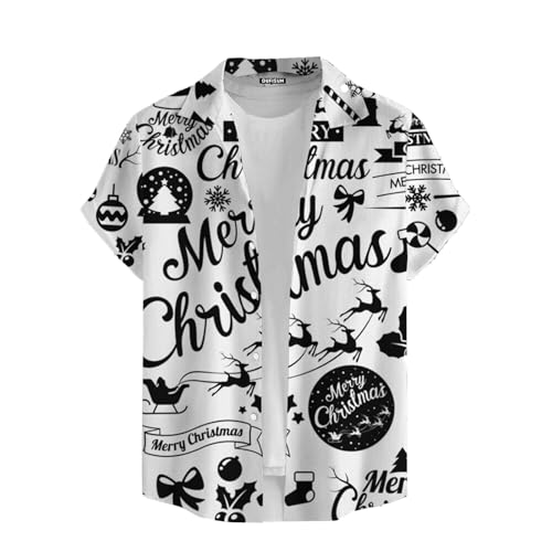 Camisa de Navidad con botones para hombre, camisa de Navidad con botones para hombre, camisa de manga corta con botones de Papá Noel, camisa de vacaciones, Blanco-1, XXL