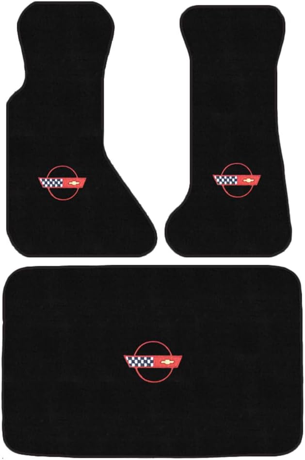 Avery's Floor Mats 3 Piece Carpet Floor Mat Set Compatiable with 1984-1996 Corvette Convertible with Red C4 Flag Logo - Black