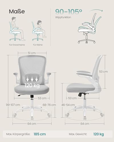 SONGMICS Bürostuhl ergonomisch, Drehstuhl mit Mesh, Lenden- und Kopfstütze, Wippfunktion, 53 cm große Sitzfläche, klappbare Armlehnen, Arbeits- und Schlafzimmer, Studenten, hellgrau OBN037G02