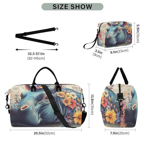 Duffle Bag Hippo Florals for Travel, Gym Bag with Multiple Interior Pockets for Men Women Overnight Purse Included 20.5 x 1.9 x 13.8 In3