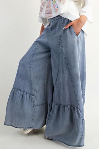 chouyatou Women 2025 Fashion Ruffle Wide Leg Jeans Baggy Elastic Waist Palazzo Jean Trousers Denim Pants2