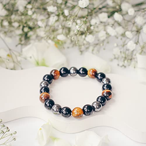 Crystal Vibe Triple Protection Bracelet - 10Mm Bead Bracelet For Women Men With Natural Stones Of Tiger Eye Hematite And Black Obsidian - Healing Crystal Bracelet For Good Luck Prosperity Happiness #TOP2