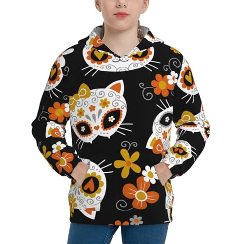 Cat Skulls and Flowers Kid Hoodies Boys Sweatshirts Girls Pullover with Pocket