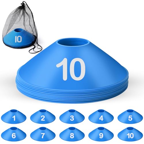 Relaxgiant 10 Pcs Numbered Sports Disc Cones 1-10 Soccer Cones with Mesh Carry Bag Flexible Agility Cones Soft Field Cones for Gym PE Classes School Activities Games, Sports Training Equipment (Blue)