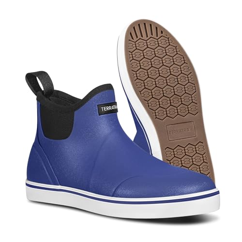 TerraTrax Men's Waterproof Deck Boots, Anti-Slip Ankle Rain & Work Boots for Fishing, Farming - Short Slip On Rubber Chelsea Shoes (Lightweight), Blue & Size 13
