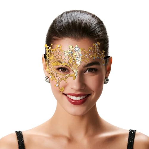 EMORBALS Masquerade Mask for Women, Gold Masquerade Mask for Venetian Ball, Wedding, Mardi Gras&Costume Party, Stretch Cord Design(Gold-2) by EMORBALS - Used condition - US$7.84