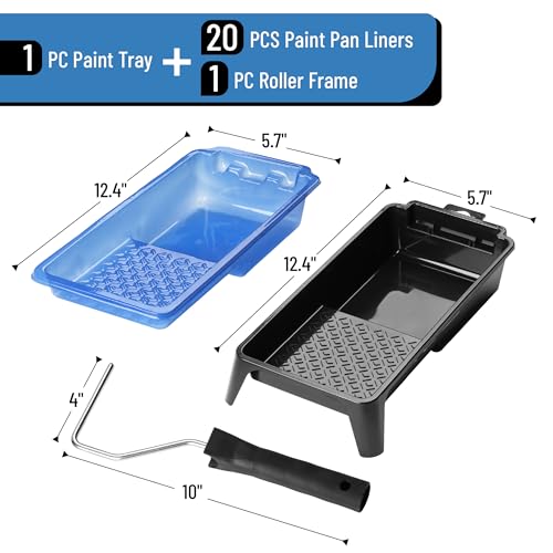 Bates- 4 Inch Paint Tray Set, 22 pcs, 1x 4 Inch Paint Roller Tray, 20x Disposable Plastic Liners & 1x Roller Frame, Black & Blue