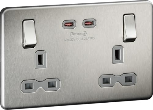 Image of Screwless Double Switched Socket with Dual USB-C [65W Fast Charge] – Brushed Chrome with Grey Insert