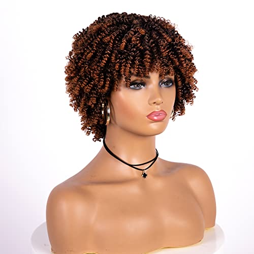 Unonet Afro Wig Kinky Curly Synthetic Hair Wigs For Black Women, Short Curly Afro Wigs With Bangs Natural Curly Cosplay Wigs（1Bt30 #TOP1