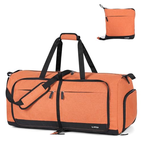 Image of Lekesky Foldable Travel Duffel Bag for Women, 80L Large Duffle Bag with Separate Shoes Compartments & Straps, Carry On Weekend Bag for Women, Hospital, Overnight(Orange)