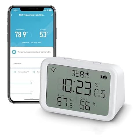 WiFi Thermometer Hygrometer, Indoor Temperature and Humidity Sensor, 4-in-1 Smart WiFi Temperature and Humidity Monitor, Supports Alexa, Remote Control, App Notifications and Alerts Cover