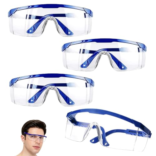 MUNZE 4 Piezas Gafas Seguridad Niños, Construcción Ligera, Patillas Ajustables, Antirrayas, 15Cm, Azul