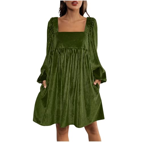 Image of Slxbear Velvet Mini Dress Womens Square Neck Tied Dresses Puff Long Sleeve Babydoll Short Mini Dress Ruffle Hem Elegant Solid Velvet Party Cocktail Dresses Prom Mint Green M