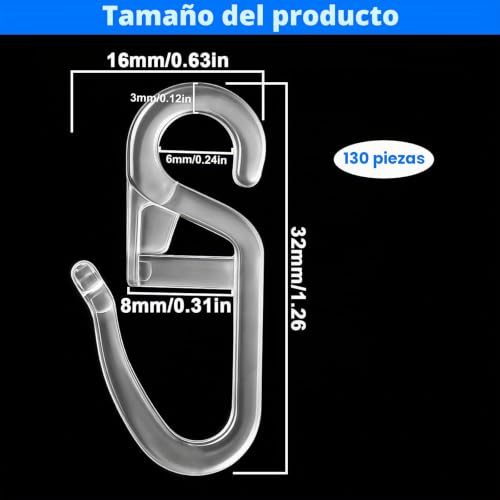 Miniatura 7 de Yonality 130 Piezas Ganchos De Cortina Plástico Transparente Uso Múltiple, Ganchos Con Ojal De 6 Mm, Calidad Clips Transparentes Ventanas, Para Anillos De Cortina Para Oficina Cocina Baño