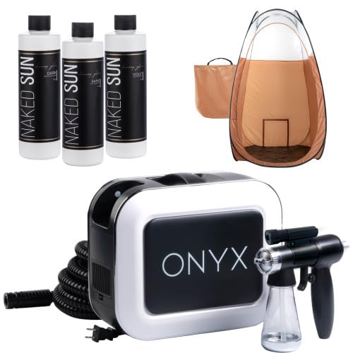 Naked Sun Onyx Spray Tanning Machine with Professional Tanning Gun with Light Kit and Honey Glow Tanning Solution and Brown Tent Bundle (5 Items)