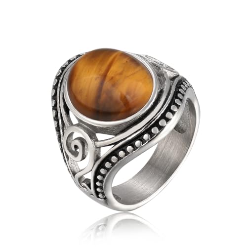 Joliernelle Tiger Eye Ring Stainless Steel Vintage Silver Band Gemstone Rings for Women Size 10