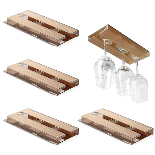 Geoyien Colgador copas, 4 Soporte copas colgante, Cuelga copas, Soporte para copas de vino, soporte colgante para copas altas, no requiere perforación, gran capacidad de carga (Marrón, 25,8*11*2,4cm)