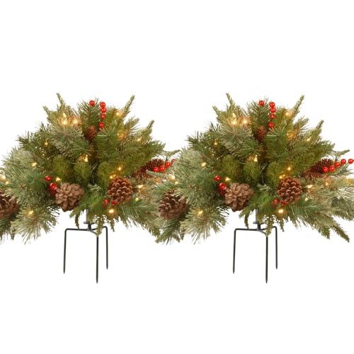 45cm Pre-Lit Christmas Urn Filler, Artificial Fir Tree with LED Lights, Pinecones and Red Berries, Outdoor Holiday Planter Decoration with Tripod Stake, Thanksgiving (2)