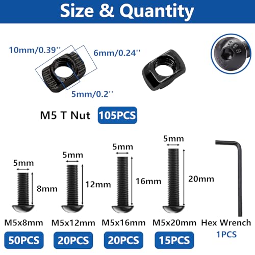 Bemaka 210PCS T Slot Aluminum Extrusion Hardware Accessories, M5 T-Nuts Screws Kit, T-Slot Nut & Hex Screw for 2020 Series Aluminum Extrusion Profile, Mlok Screws Nuts Replacement - Thumbnail 2