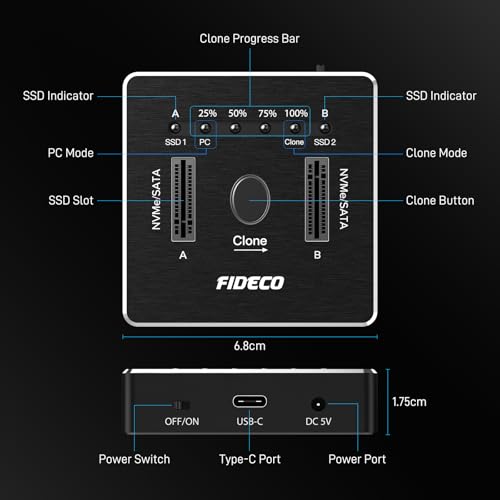 FIDECO M.2 NVMe SATA SSD Cloner Dock, USB 3.2 Gen 2 X 2, 20Gbps Dual NVMe SATA SSD Enclosure, M.2 Duplicator Cloner, Support Offline Clone, UASP and Trim, Aluminum Design by FIDECO - Used condition - Image 8