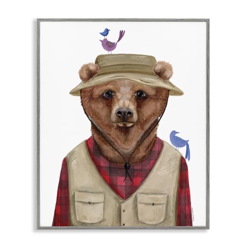 Tartan Bear Camping Birds Cabin, 11 x 14 Inch Framed Giclée Print