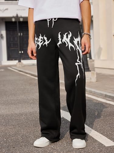 OYOANGLE Men's Graphic Print Drawstring Waist Baggy Sweatpants Loose Straight Leg Pants with Pocket4
