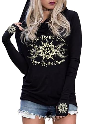 Long Sleeve Hoodie T Shirts for Women Live by The Sun Love by The Moon Hoodie Shirts Gothic Novelty Graphic T-Shirt (Medium,Black)