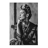 Kunstgestalten24 | Frida Kahlo Sehnsucht Leinwand Wandbild auf Echtholz-Keilrahmen – Ausdrucksstarkes Schwarz Weiß Bild im kunstvollen Stil als Wandbild | 80x120cm, 4cm Rahmentiefe