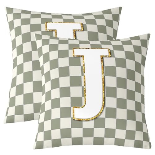 Image of Erosebridal Sage Green Checkered Throw Pillow Covers 18x18 Set of 2 Plaid Initial J Pillow Covers Personalized Monogram Cushion Cover Fashion Grids Gingham Pillow Cases for Couch Sofa