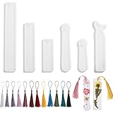 Whaline 6 Pieces Silicone Bookmark Mold DIY Transparent Resin Casting Jewelry Cat Mermaid Mould Craft Making with 12 Pieces Different Color Handmade Silky Tassels
