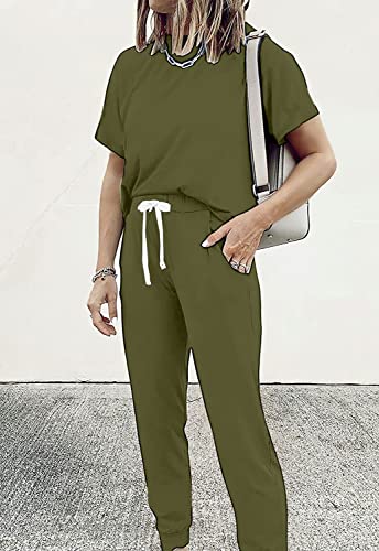 Image of PRETTYGARDEN Women Summer Two Piece Outfits Striped Short Sleeve Pullover and Long Pants Tracksuit Travel Pajama Lounge Set