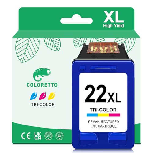 COLORETTO 22 XL Cartucho de Tinta Remanufacturado para HP 22XL Tricolor para DeskJet F4180 F2200 D1560 F380 F370 F2180 F2280 D1460 3940 F4100 2180 D2460,PSC 1410 Impresoras