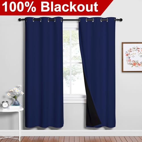 Image of NICETOWN 100% Blackout Curtains with Black Liner Backing, Royal Blue, 37 inches x 70 inches Per Panel, Set of 2, Thermal Insulated Curtains for Living Room, Noise Reducing Drapes