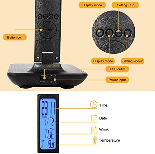 Desk Lamp LED Desk Light, Smart Features(Clock, Alarm, Date, Temperature)-Adjustable, Foldable Touch Table Lamp - 3 Levels of Dimmable Lighting - Suitable for Office, Bedroom, Study