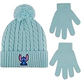 Disney Stitch Beanie Hat and Gloves Set, Girls Cuffed Winter Cable Knit Cap with Pom and Matching Mittens, Mint, One Size