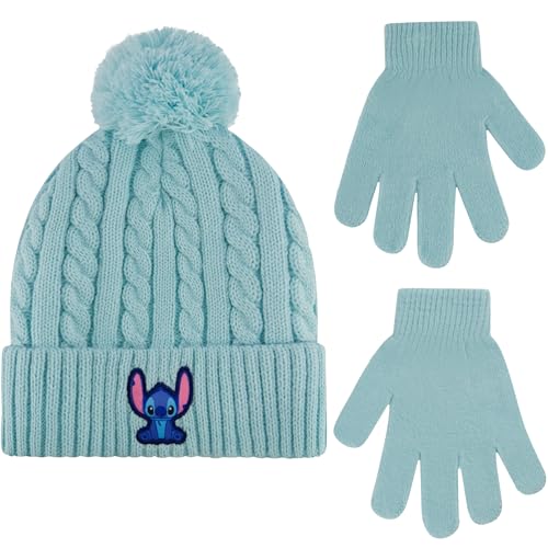 Disney Stitch Beanie Hat and Gloves Set, Girls Cuffed Winter Cable Knit Cap with Pom and Matching Mittens, Mint, One Size