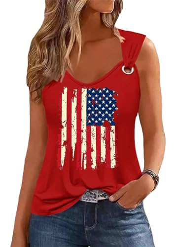 Womens American Flag Hollow Out Sweet Tank Funny O Ring Shoulder Shirt Summer Casual Loose Fit Sleeveless Tops(M A-Red)