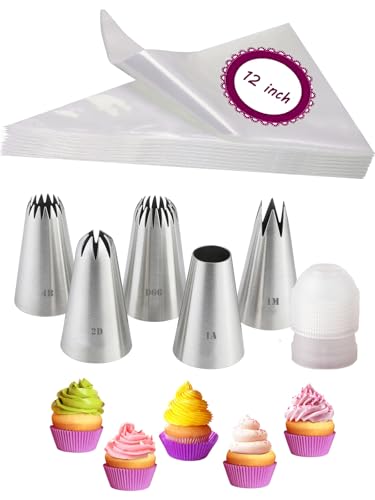 Large Icing Nozzles and Bag with Coupler,1M 2D 1A 4B D66 Piping Nozzle Set,Large Coupler and Piping Bags Disposable - 12 inch