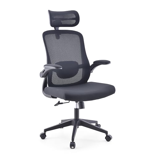 MyBuero Home Office VERTUFLEX Silla de oficina ergonómica con reposacabezas 4D, soporte lumbar regulable en altura, reposabrazos abatibles, color negro