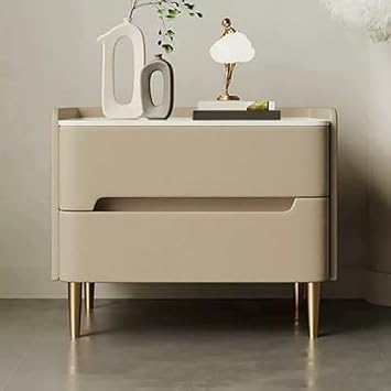 RUNNUP Solid Wood Nightstand, Small Bedside Table with 2-Drawer Storage, Modern Nightstand with Leather Surface, Stone Top for Bedroom Dorm, Khaki 20" L x 16" W x 18.5" H
