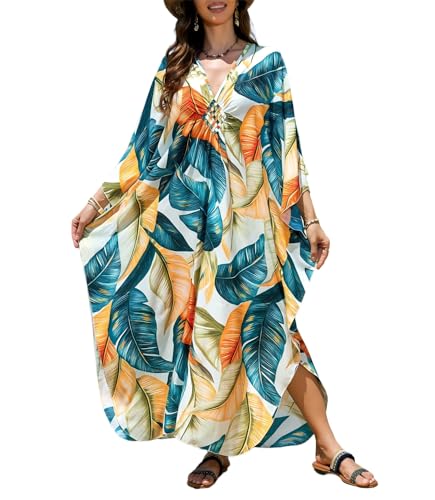 Image of IMAGEKOPE Women's Plus Size Animal Print V-Neck Batwing Kaftan Beach Dress Bathing Suit Cover-Up Loungewear