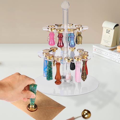 Image of 3 Tiers Rotatable Round Acrylic Display Stand for Wax Seal Kit, Wax Seal Stamp Head and Handle Storage Box Art Craft Container for Store Exhibition Bookstore Office and Home (No Wax Tools)