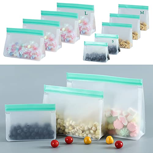 MAOYUTOU Lebensmittel Beutel,9 Stück Gefrierbeutel Wiederverwendbar PEVA Aufbewahrungsbeutel,Sandwich & Snacktaschen Vielseitige Konservierung Tasche für Gemüse,Obst,Snacks,Fleisch,Müsli Cover