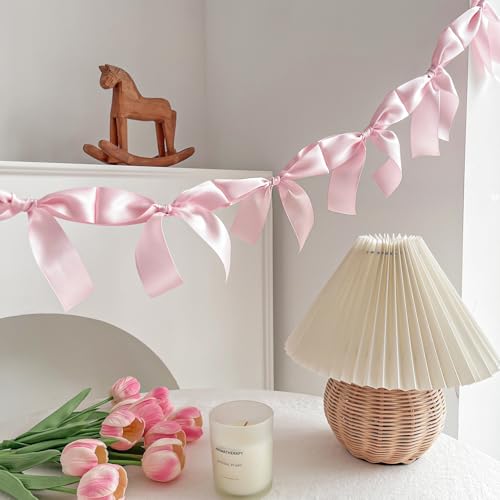 Image of Pre-Assembled Pink Bow Garland - 6ft Ready-to-Hang Engagement Party Decorations, Coquette Birthday & Bridal Showers, No DIY Needed! Baby Room Bed Decor (Pink, 6ft)