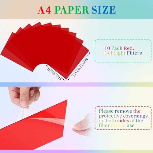 Image of 10 Pack Gel Light Filter Sheets, A4 Size Transparency Colored Plastic Sheets,Light Gel Filters for Photography Studio Lighting, Stage LED Lights,Headlight Film,DIY Tinted Window Film (Red)