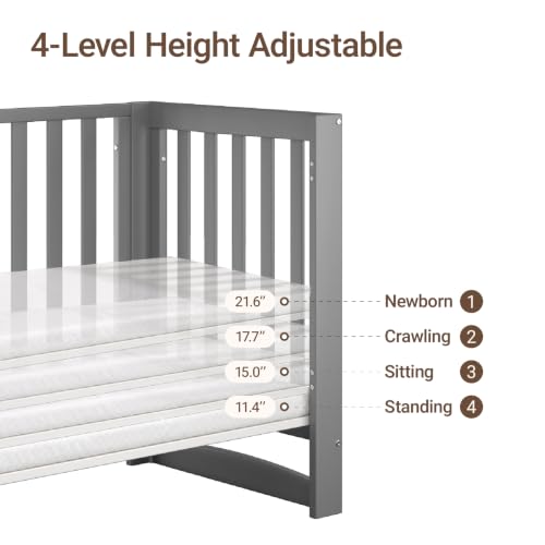 Image of MAMAZING EvoNest 6-in-1 Convertible Baby Mini Crib with Wheels | GREENGUARD Gold Certified, New Zealand Pine Wood, 4 Adjustable Heights, Rocking Mode, Small Spaces Design, Grey