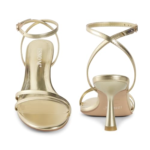 Image of ISNOM Womens Sandals Round Toe Low Heels Strappy Ankle Strap Kitten Heel Comfort Dress Party Shoes
