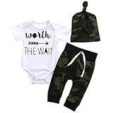 Cute 3pcs Newborn Baby Boys Letter Print Romper+Camouflage Pants+Hat Outfits Set (70(0-3M),White&Camouflage)
