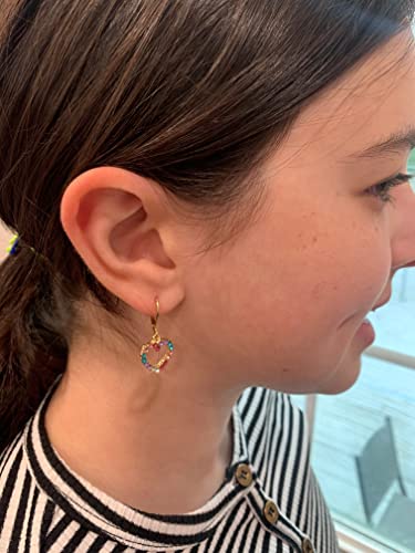 Earrings For Girls - 14K Gold-Plated Multi Color Rainbow Dangle Lever-Back Earring - Hypoallergenic And Nickel Free For Sensitive Ears (Heart) #TOP3